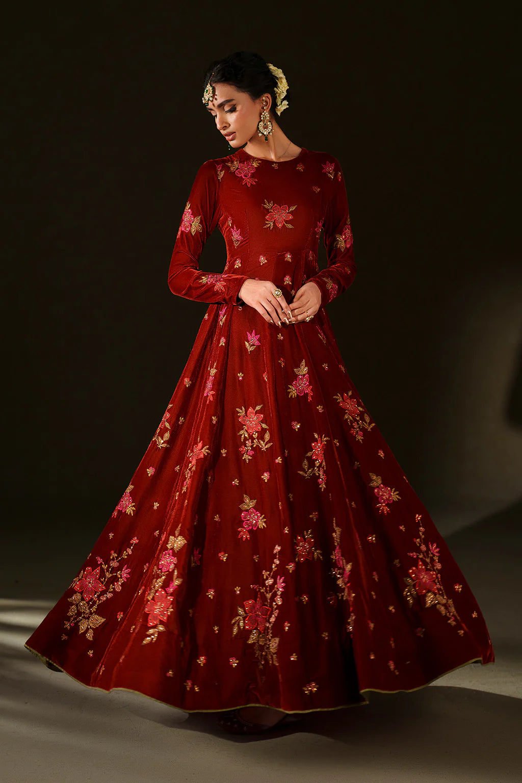 Iznik Velvet Edit II IV-79 rust floral embroidered velvet frock with chiffon dupatta and raw silk bottom, stitched festive outfit at Pakistanimoda.