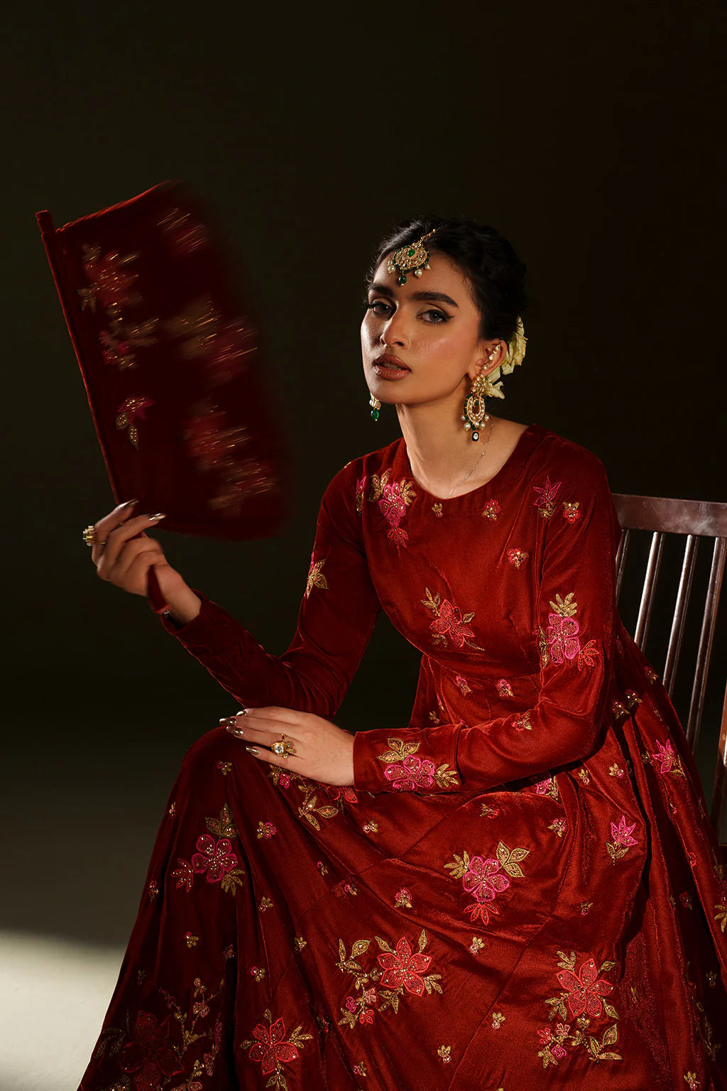 Iznik Velvet Edit II IV-79 rust floral embroidered velvet frock with chiffon dupatta and raw silk bottom, stitched festive outfit at Pakistanimoda.