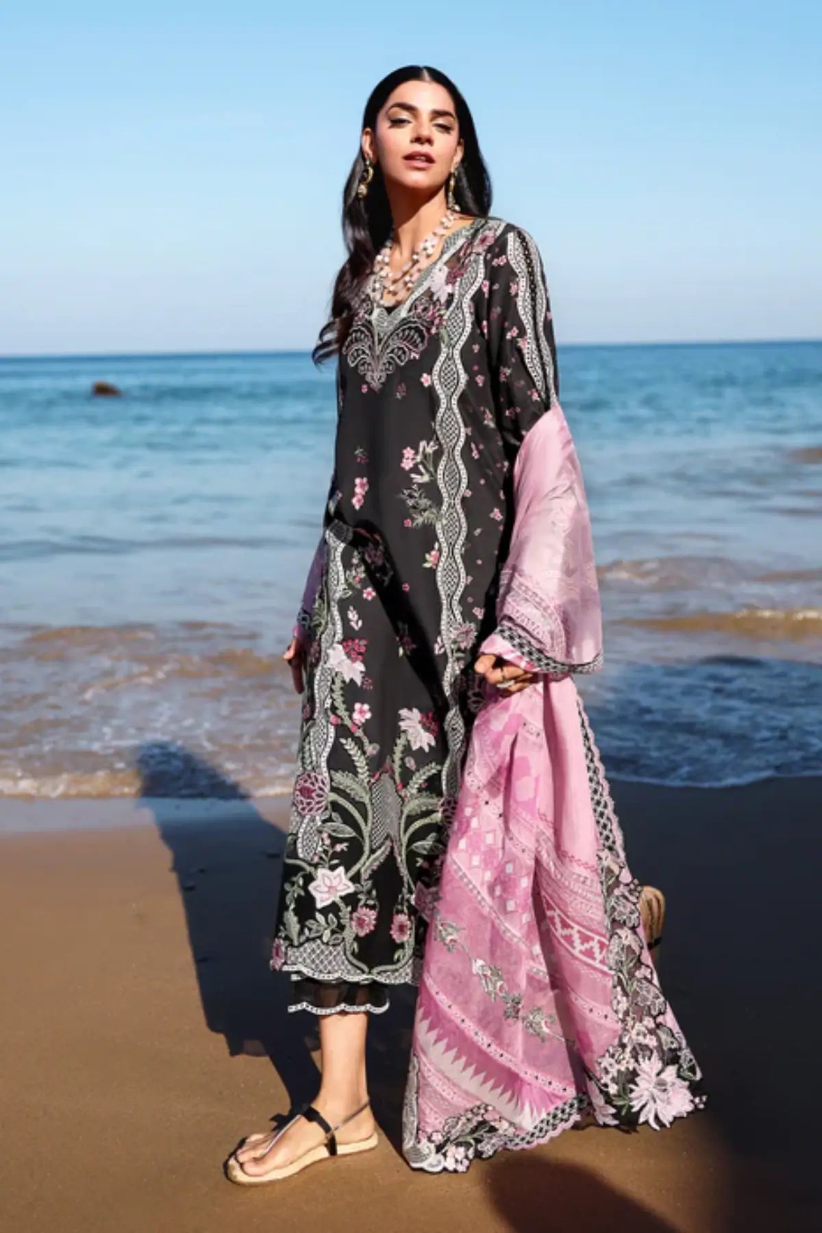 IVY-1-B Saira Shakira black lawn suit silk dupatta Pakistanimoda