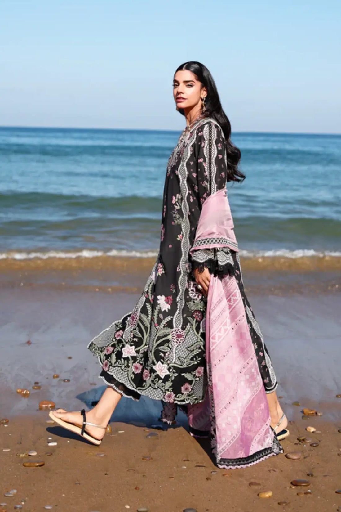 IVY-1-B Saira Shakira black lawn suit silk dupatta Pakistanimoda