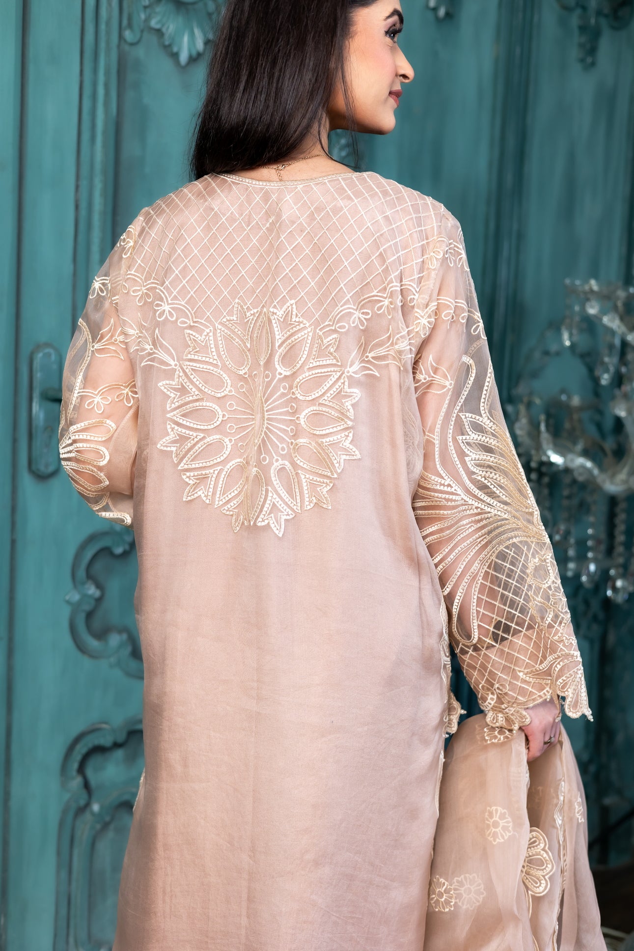 Ifrah peach organza Pakistani suit by MariamRaj exclusively at Pakistanimoda