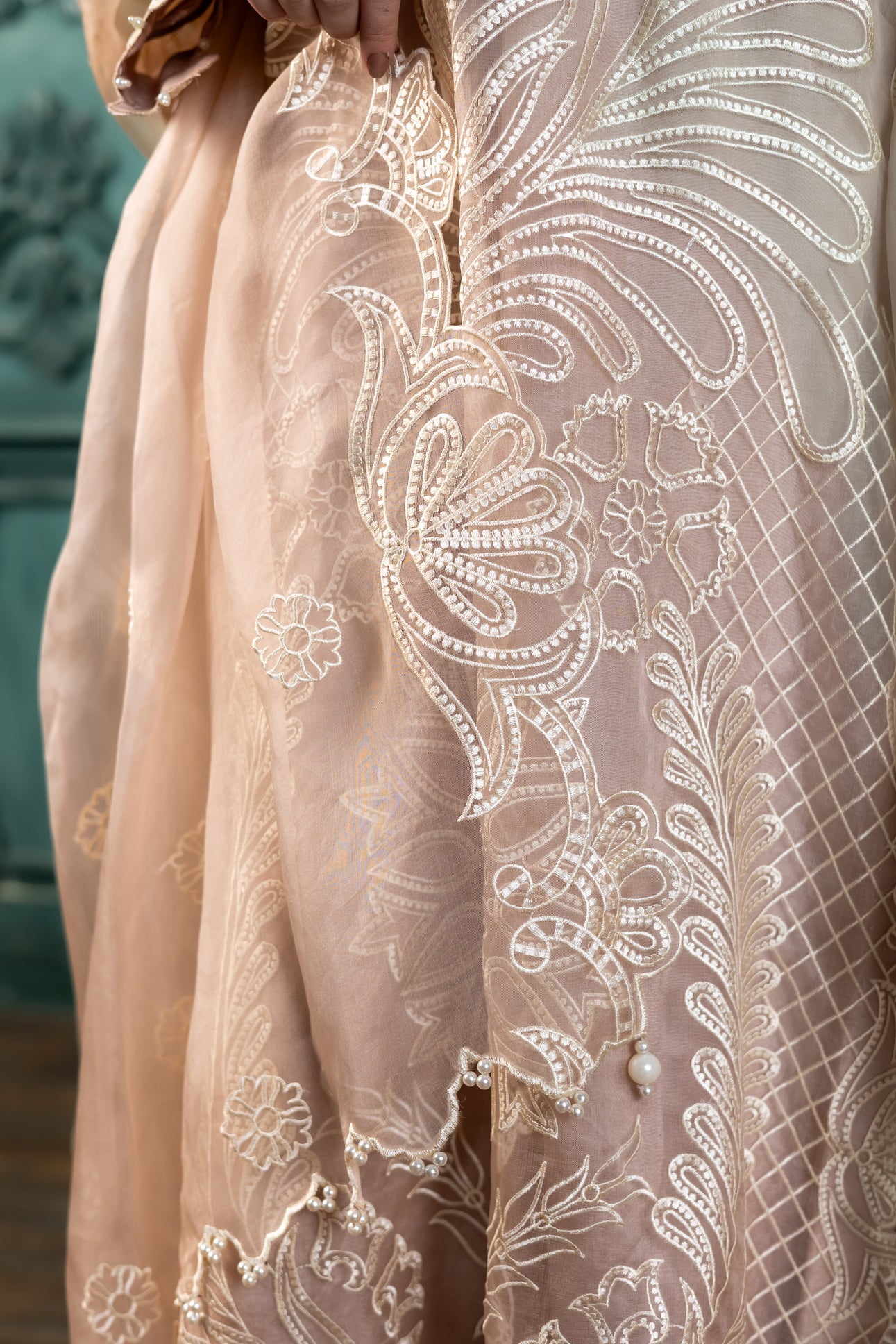 Ifrah peach organza Pakistani suit by MariamRaj exclusively at Pakistanimoda