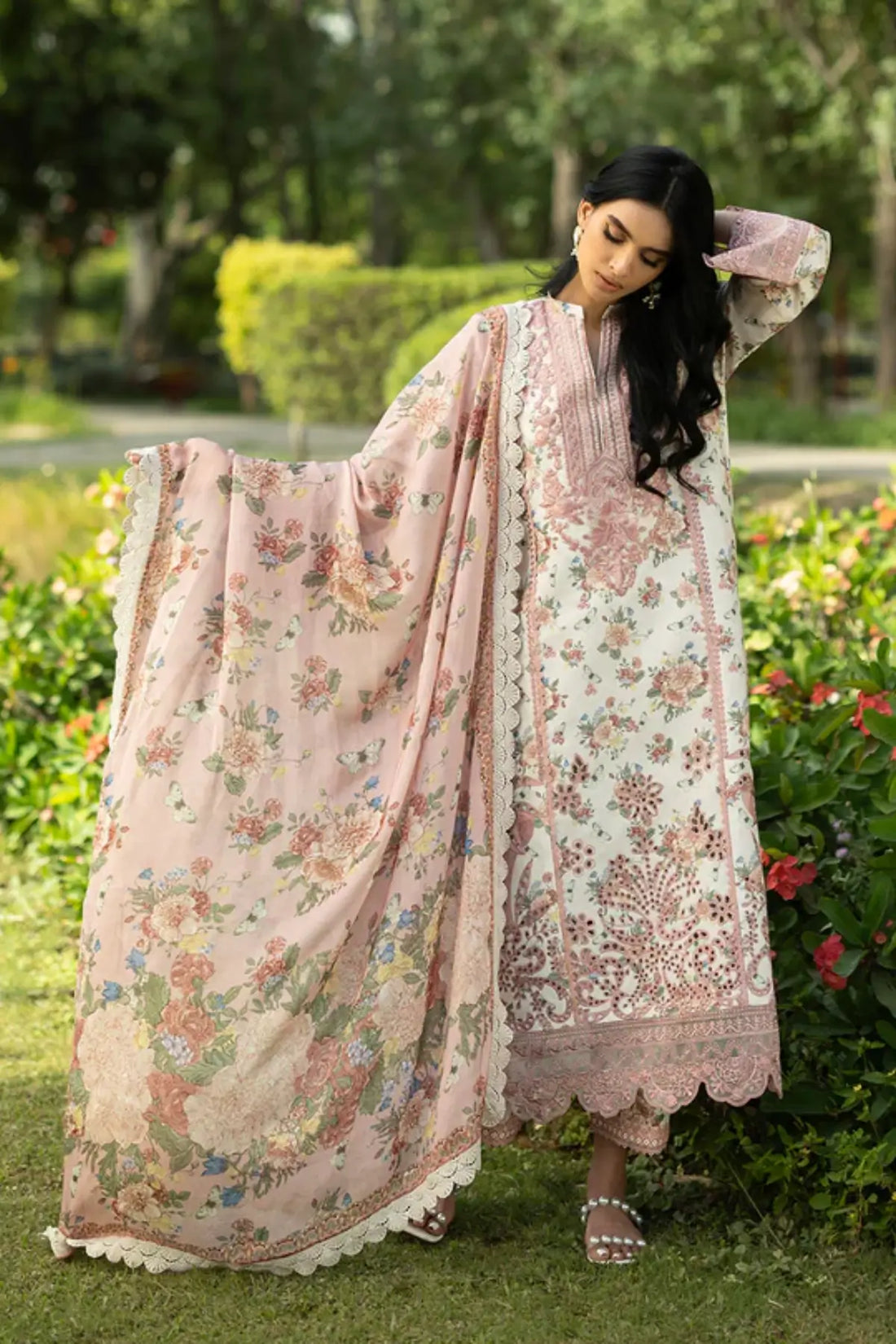 Ilsa 14 cream floral stitched lawn 3PC suit with silk dupatta by Zainab Chottani Pakistanimoda