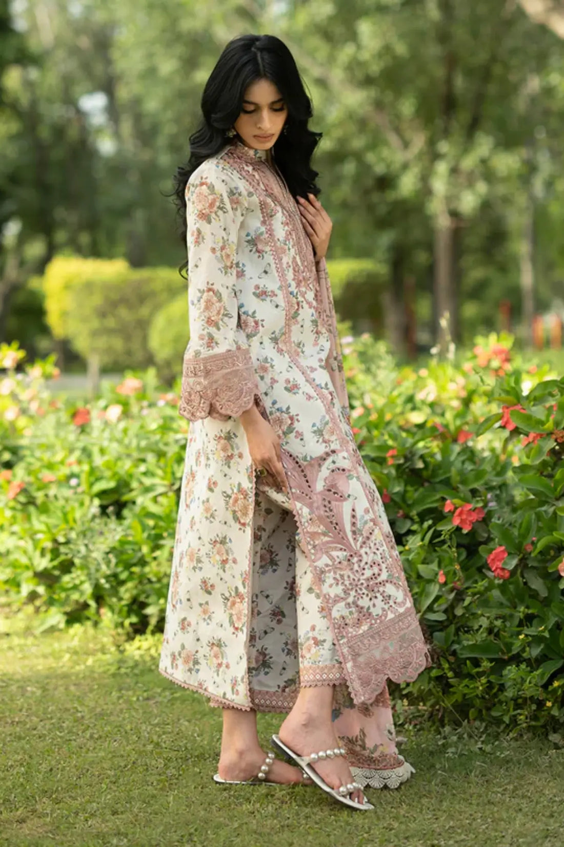 Ilsa 14 cream floral stitched lawn 3PC suit with silk dupatta by Zainab Chottani Pakistanimoda