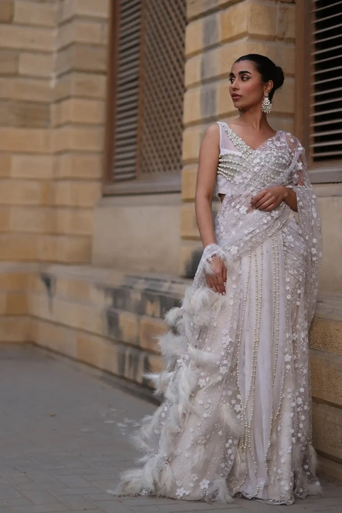 Iman White Pearl Embellished Stitched Pakistani Nikkah Saree with Floral Detailing, Hand-Sewn Feather Border and Pearl Work Blouse