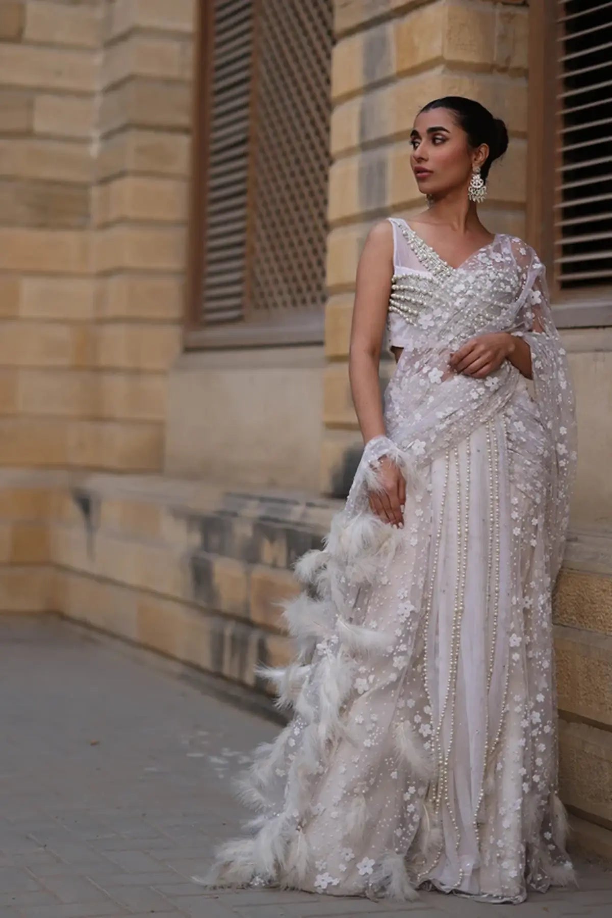 Iman White Pearl Embellished Stitched Pakistani Nikkah Saree with Floral Detailing, Hand-Sewn Feather Border and Pearl Work Blouse