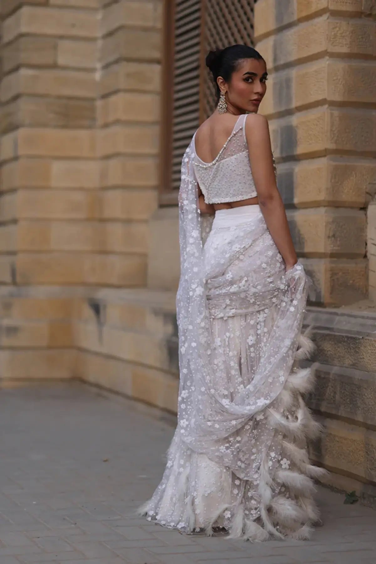 Iman White Pearl Embellished Stitched Pakistani Nikkah Saree with Floral Detailing, Hand-Sewn Feather Border and Pearl Work Blouse