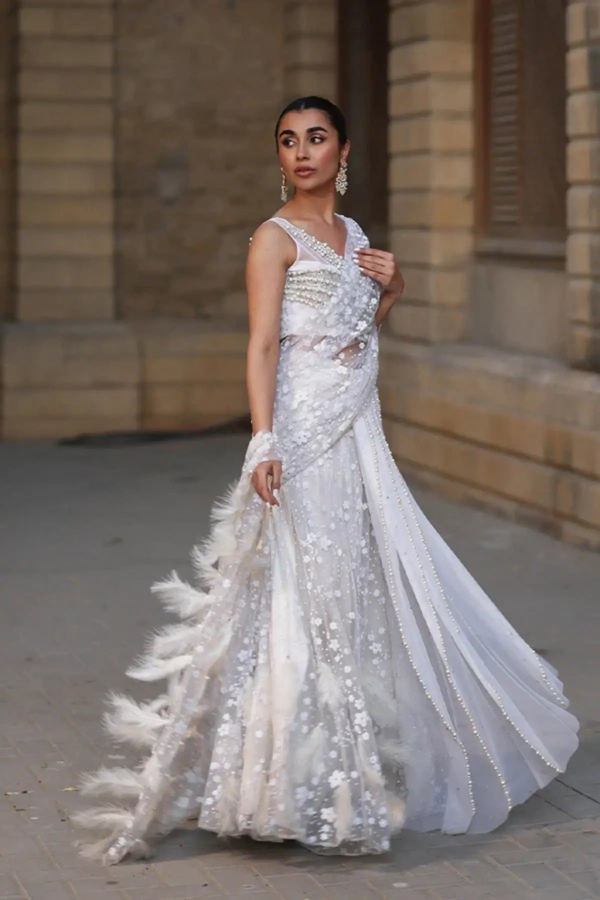 Iman White Pearl Embellished Stitched Pakistani Nikkah Saree with Floral Detailing, Hand-Sewn Feather Border and Pearl Work Blouse