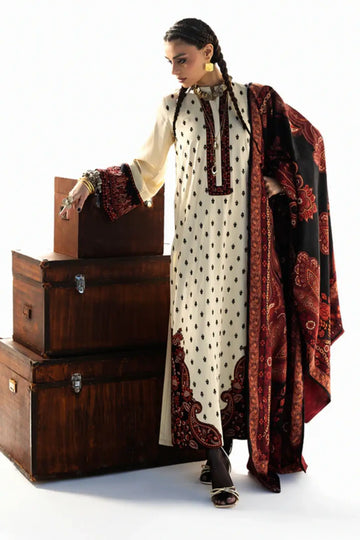 Zainab Chottani Imani cream Marina twill winter suit with black shawl, available online at Pakistanimoda.