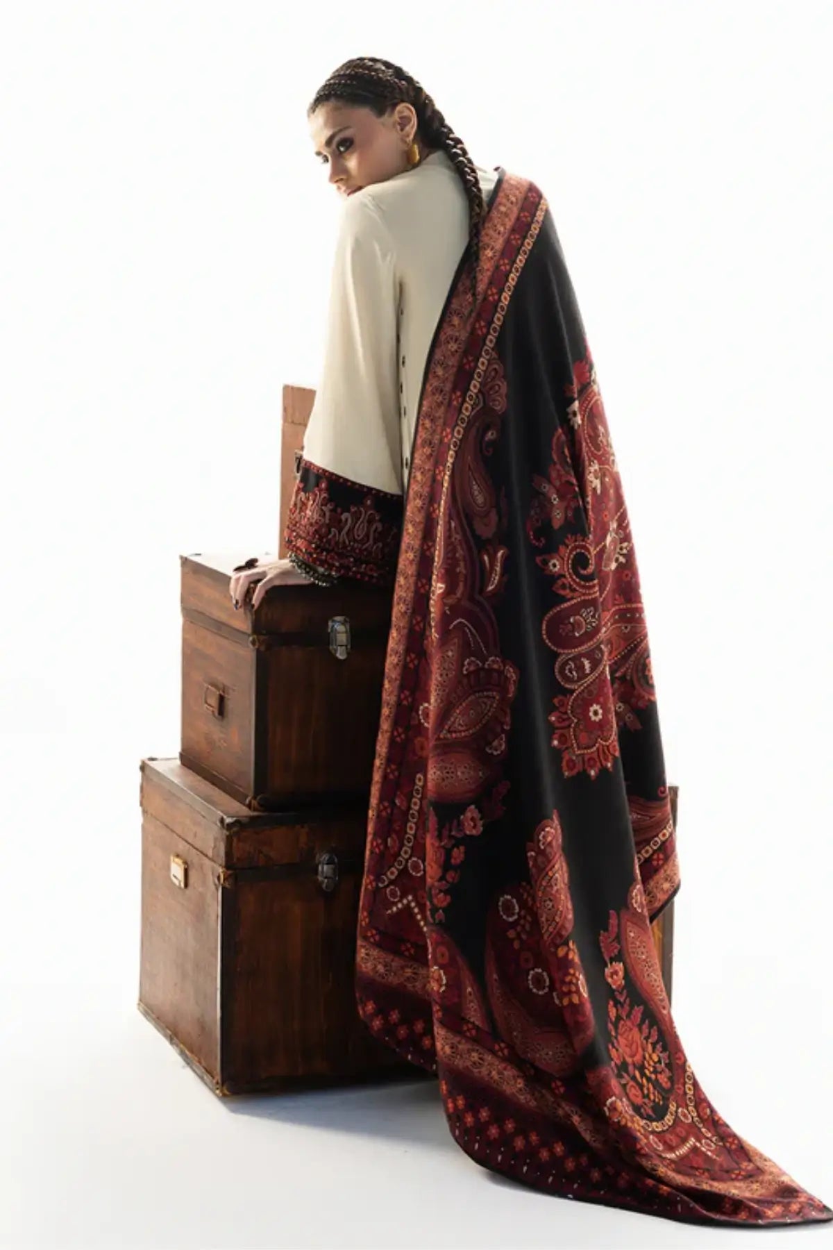 Zainab Chottani Imani cream Marina twill winter suit with black shawl, available online at Pakistanimoda.