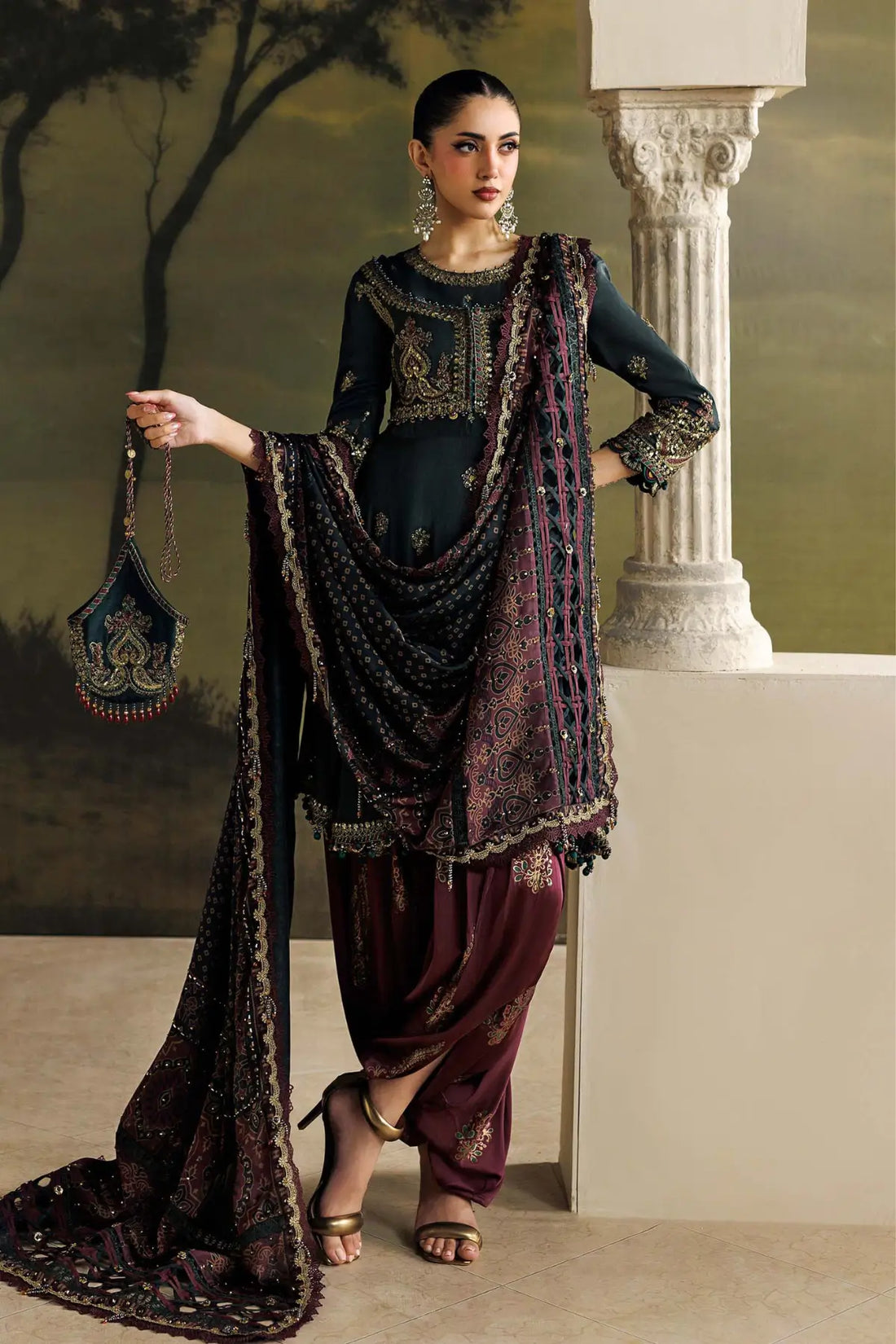 Imperial Burgundy dark green embroidered Tussar silk stitched formal suit with charmeuse silk trousers and printed dupatta by Maria.B