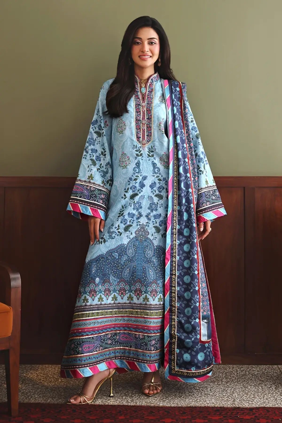 In My Element Nirvana Anmol Edit blue printed embellished raw silk stitched Pakistani 3PC suit with printed silk dupatta
