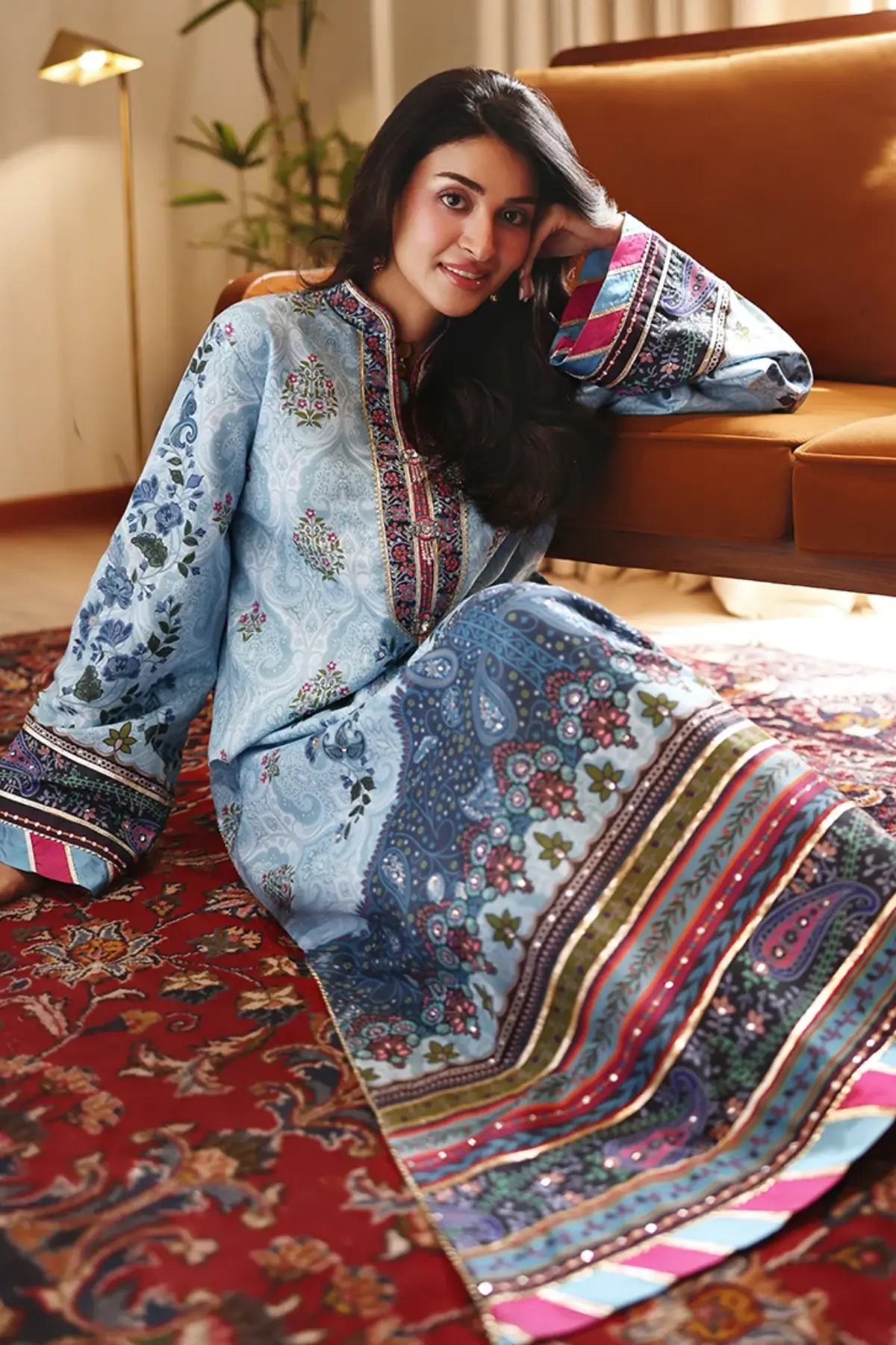 In My Element Nirvana Anmol Edit blue printed embellished raw silk stitched Pakistani 3PC suit with printed silk dupatta