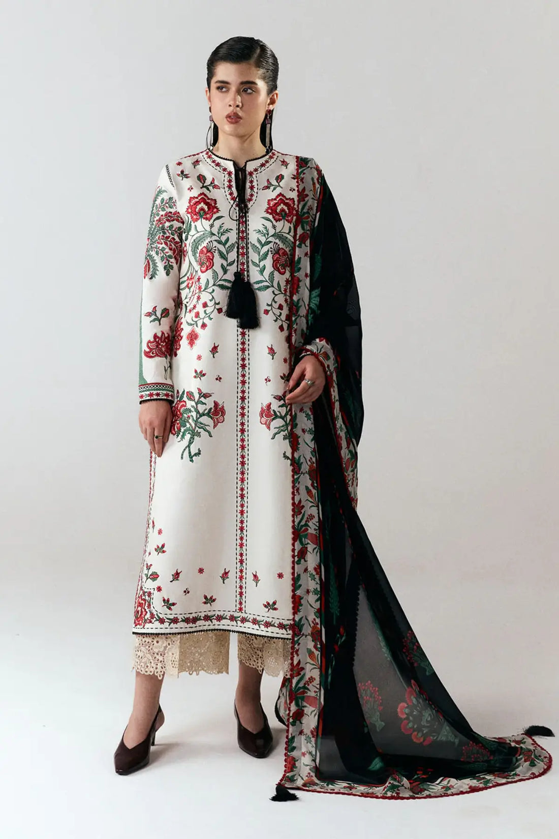 Inali ivory embroidered 3PC cotton suit by Jugnu Lahore with printed silk dupatta