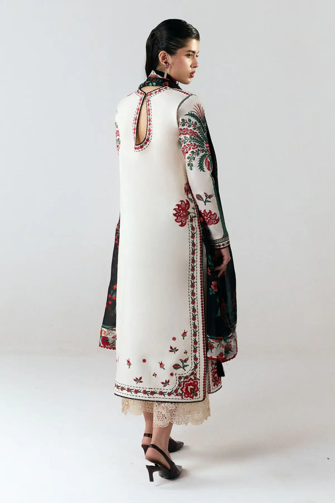 Inali ivory embroidered 3PC cotton suit by Jugnu Lahore with printed silk dupatta