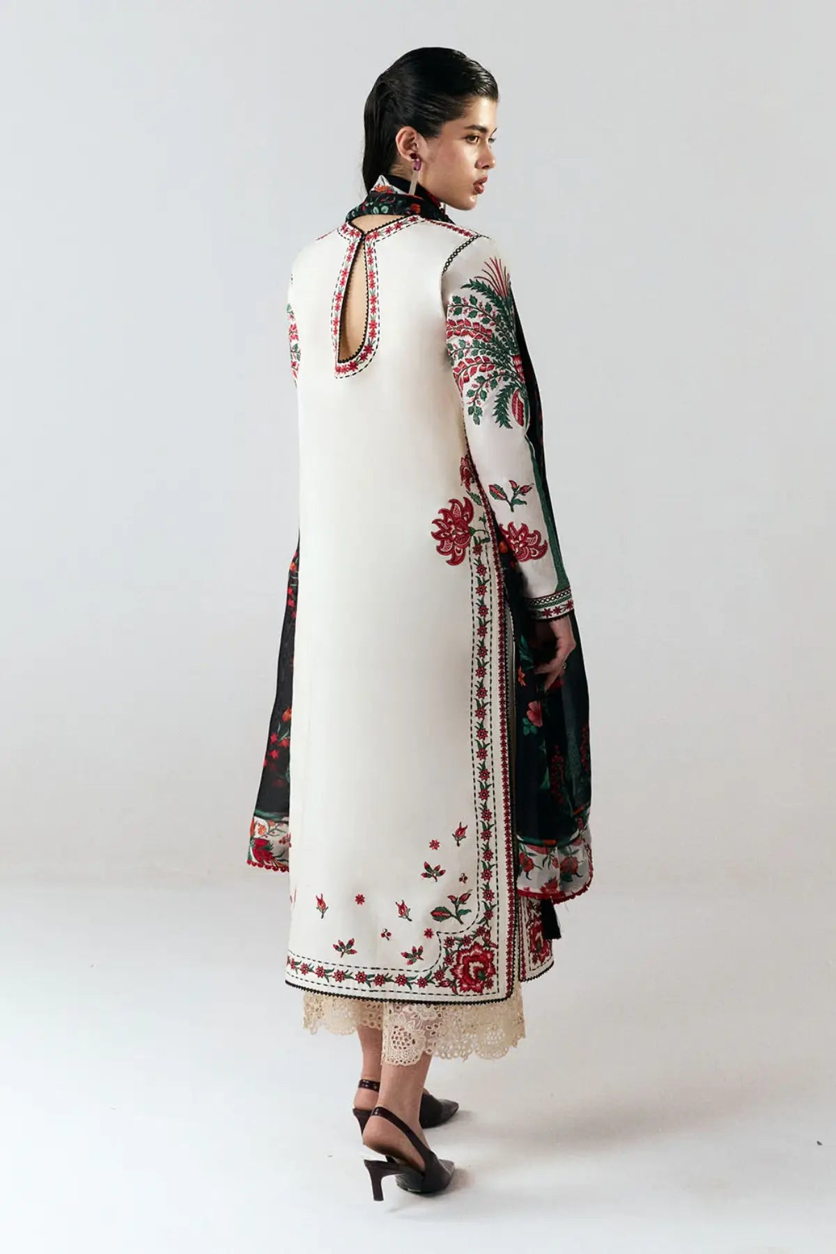 Inali ivory embroidered 3PC cotton suit by Jugnu Lahore with printed silk dupatta
