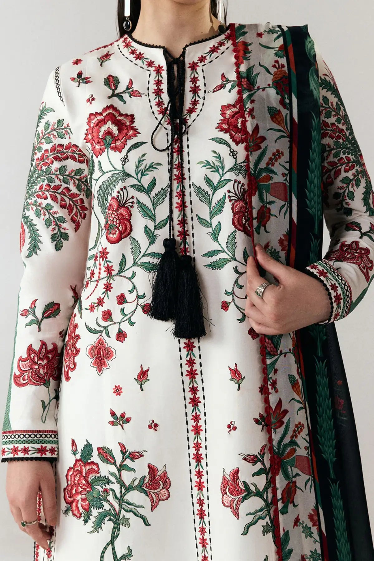 Inali ivory embroidered 3PC cotton suit by Jugnu Lahore with printed silk dupatta