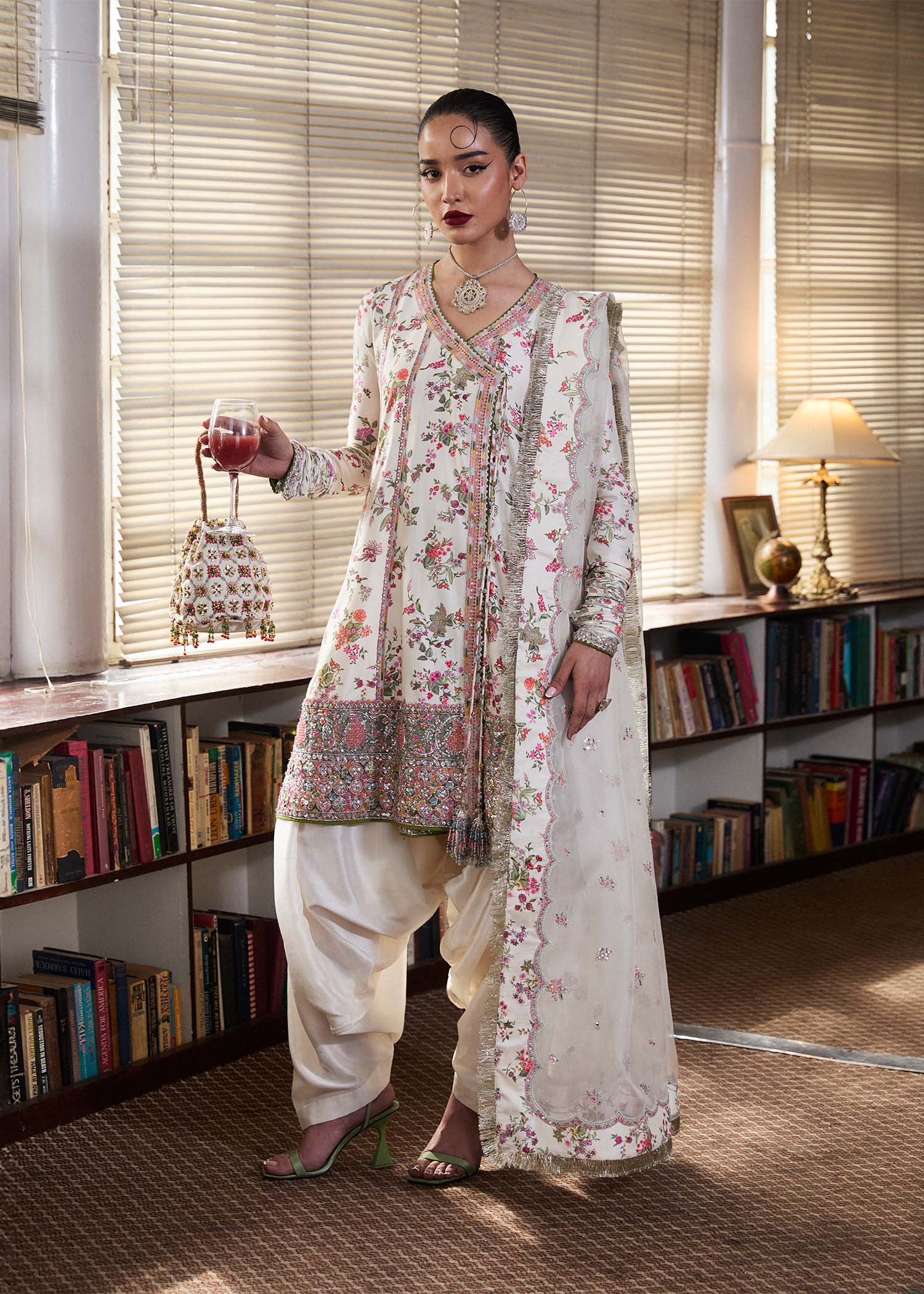 Inara- Designer Pure Raw Silk Digital Printed Panelled Angrakha Suit By- Hussain Rehar