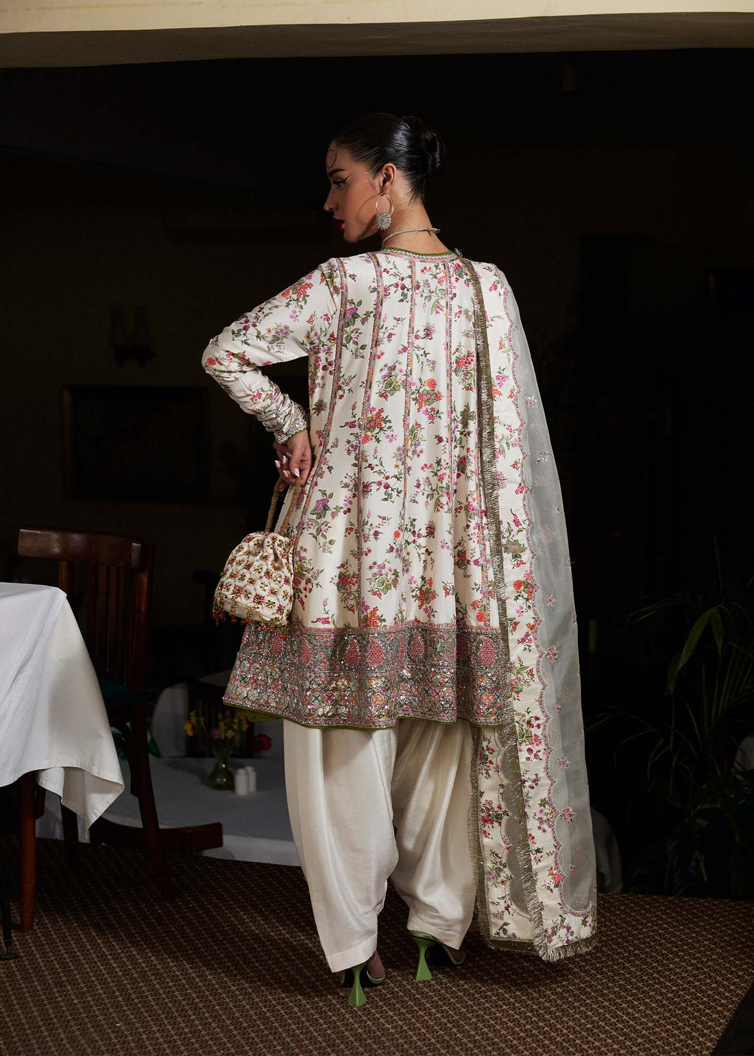 Inara- Designer Pure Raw Silk Digital Printed Panelled Angrakha Suit By- Hussain Rehar