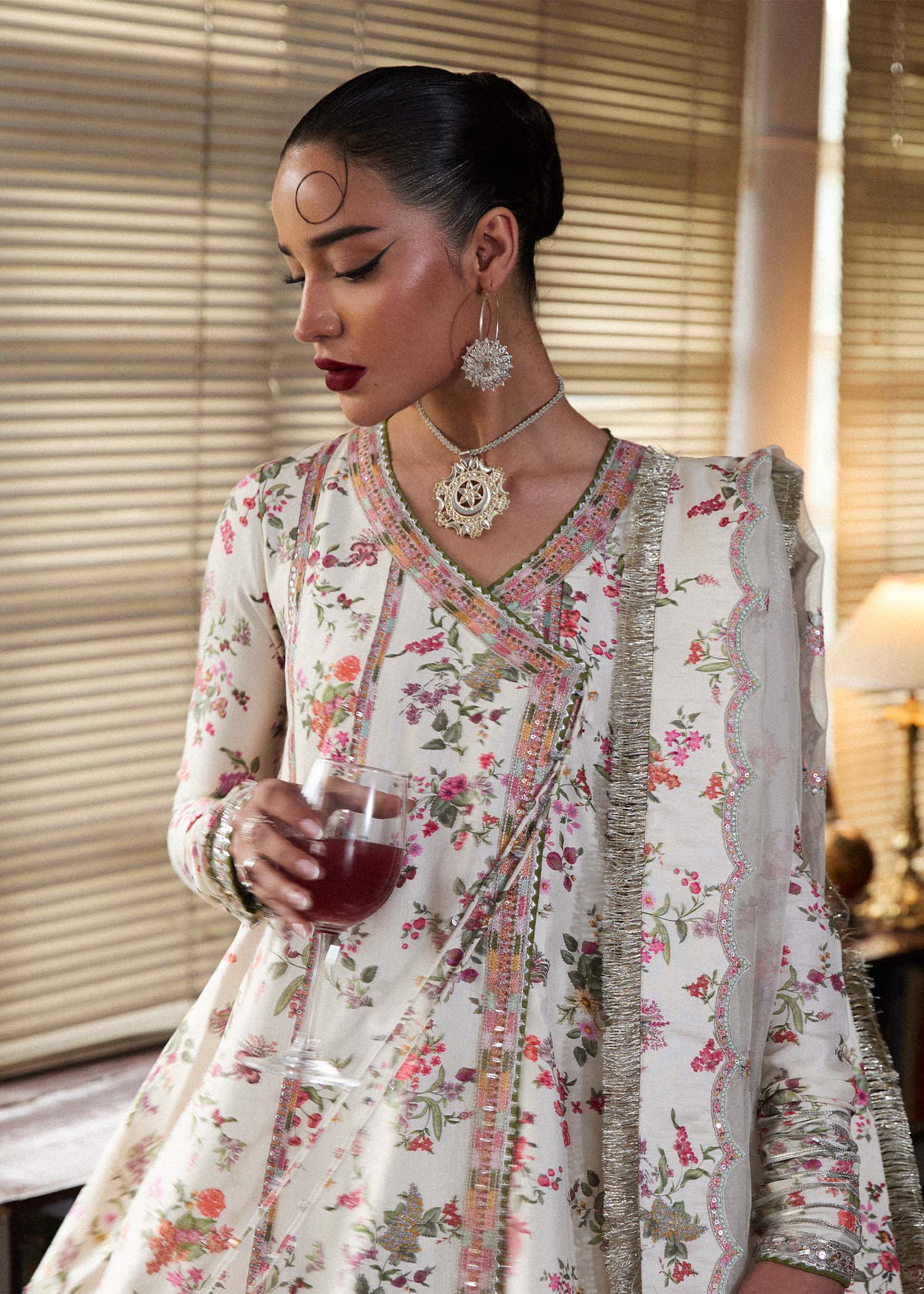 Inara- Designer Pure Raw Silk Digital Printed Panelled Angrakha Suit By- Hussain Rehar