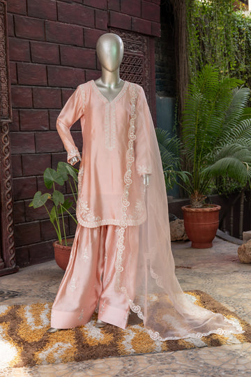 MariamRaj soft rose pink sheesha silk short shirt with hand embroidery, paired with embroidered farshi shalwar and organza dupatta for Pakistani women in USA and Canada.