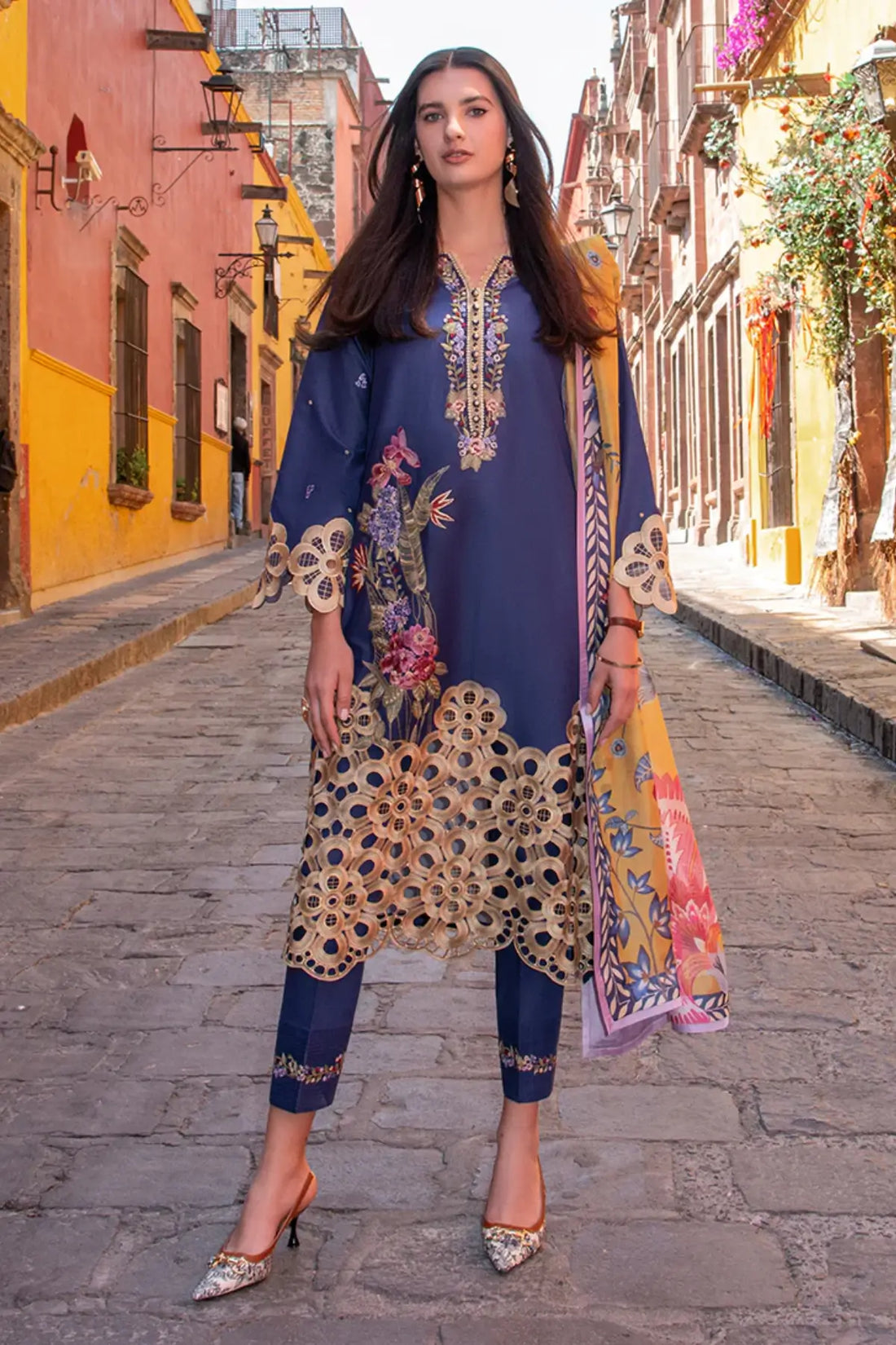 Ines navy blue stitched lawn 3PC suit by Mushq with silk dupatta and embroidery