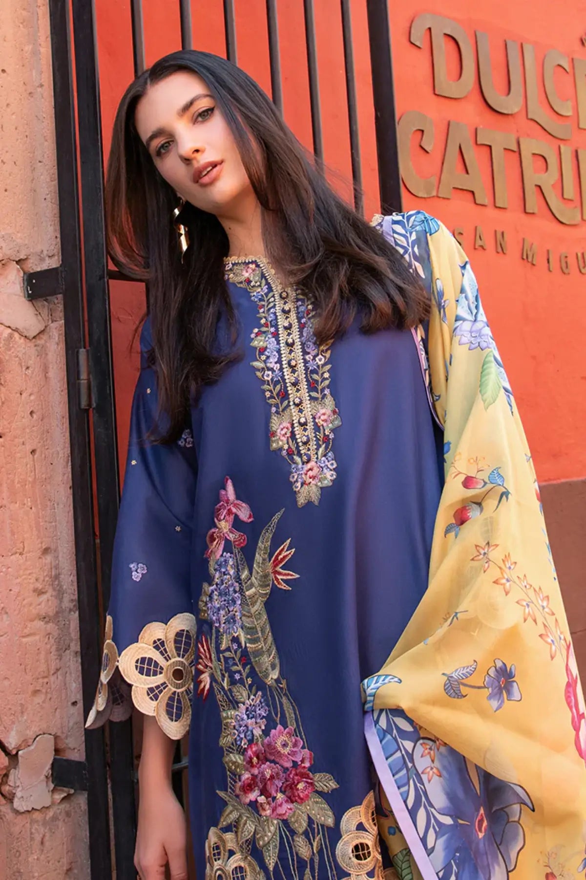 Ines navy blue stitched lawn 3PC suit by Mushq with silk dupatta and embroidery