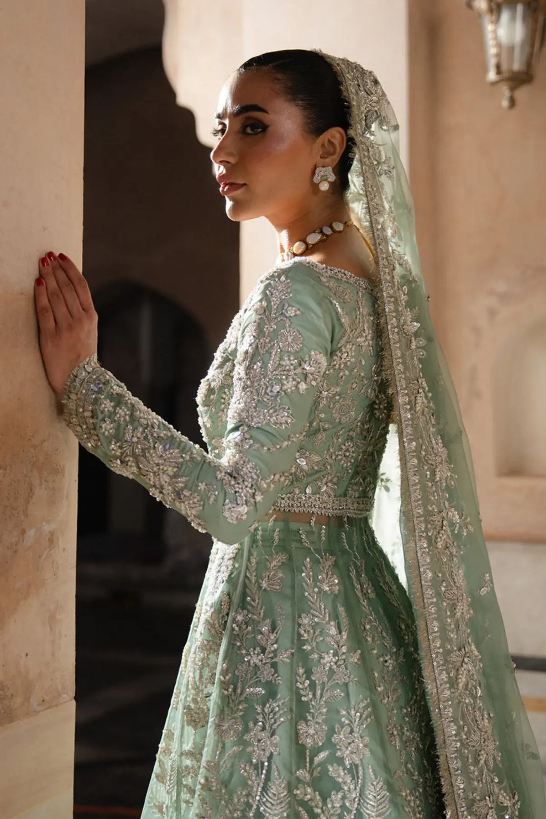 Irem mint organza luxury Nikah bridal pishwas with hand embroidery