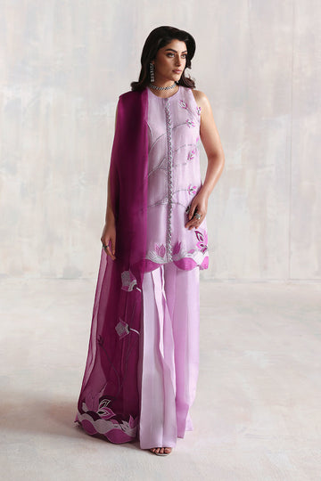 Lilac cotton net short shirt with Korean raw silk pants and organza dupatta – light formal Pakistani outfit for women in USA, UK, and Canada.