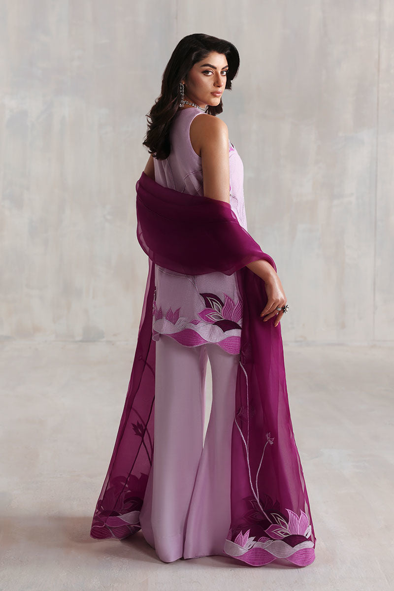 Lilac cotton net short shirt with Korean raw silk pants and organza dupatta – light formal Pakistani outfit for women in USA, UK, and Canada.