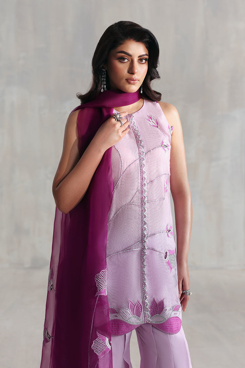 Lilac cotton net short shirt with Korean raw silk pants and organza dupatta – light formal Pakistani outfit for women in USA, UK, and Canada.