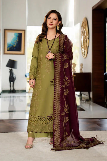 Irha olive stitched lawn 3PC Eid suit by Rang Rasiya Carnation Eid Edit 2026 with cotton net dupatta