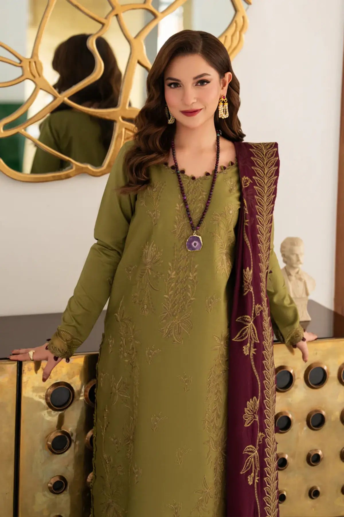 Irha olive stitched lawn 3PC Eid suit by Rang Rasiya Carnation Eid Edit 2026 with cotton net dupatta