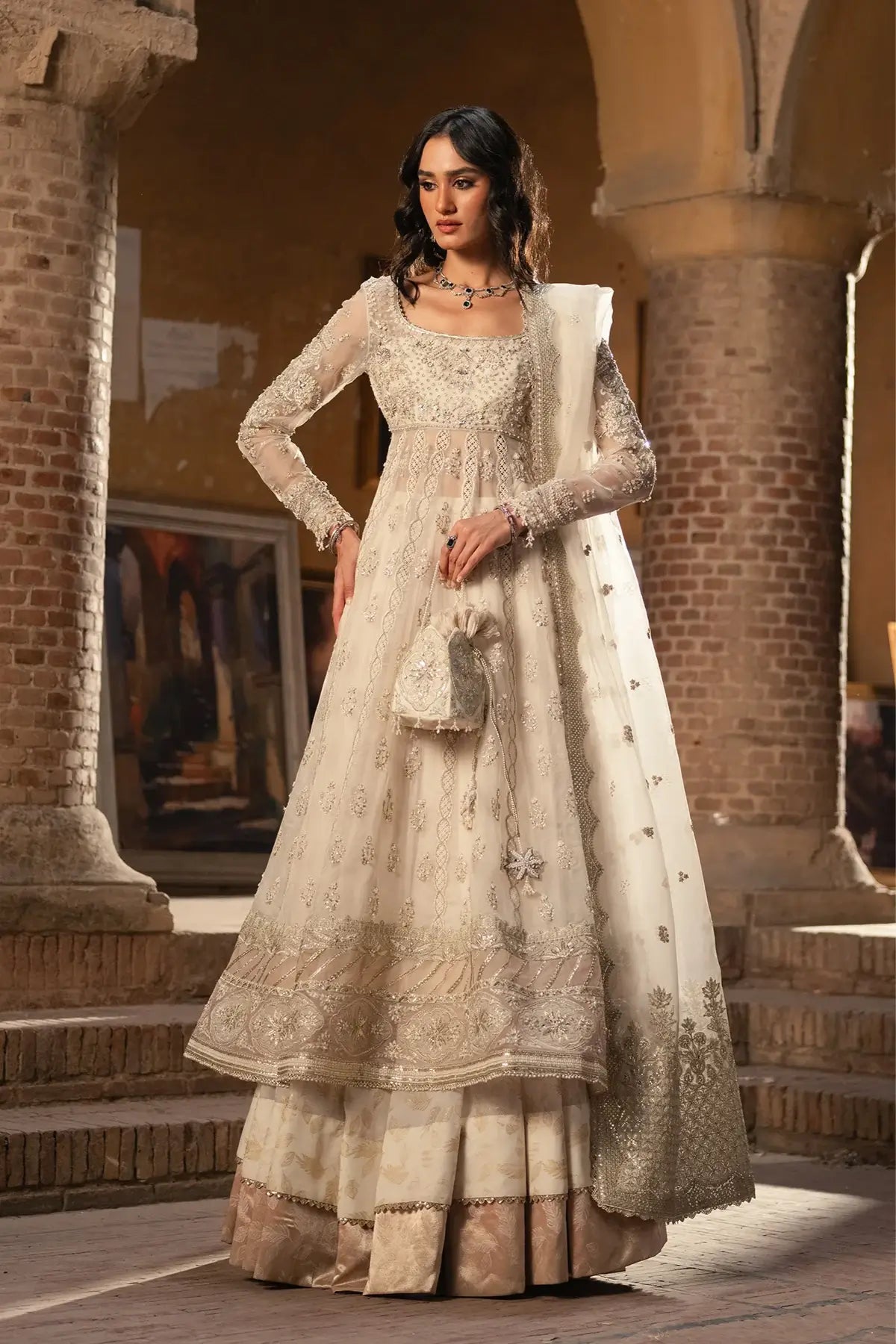 Irina Vasl 26 ivory embellished organza wedding stitched pishwas with handwork, foil chiffon lehenga and embroidered organza dupatta