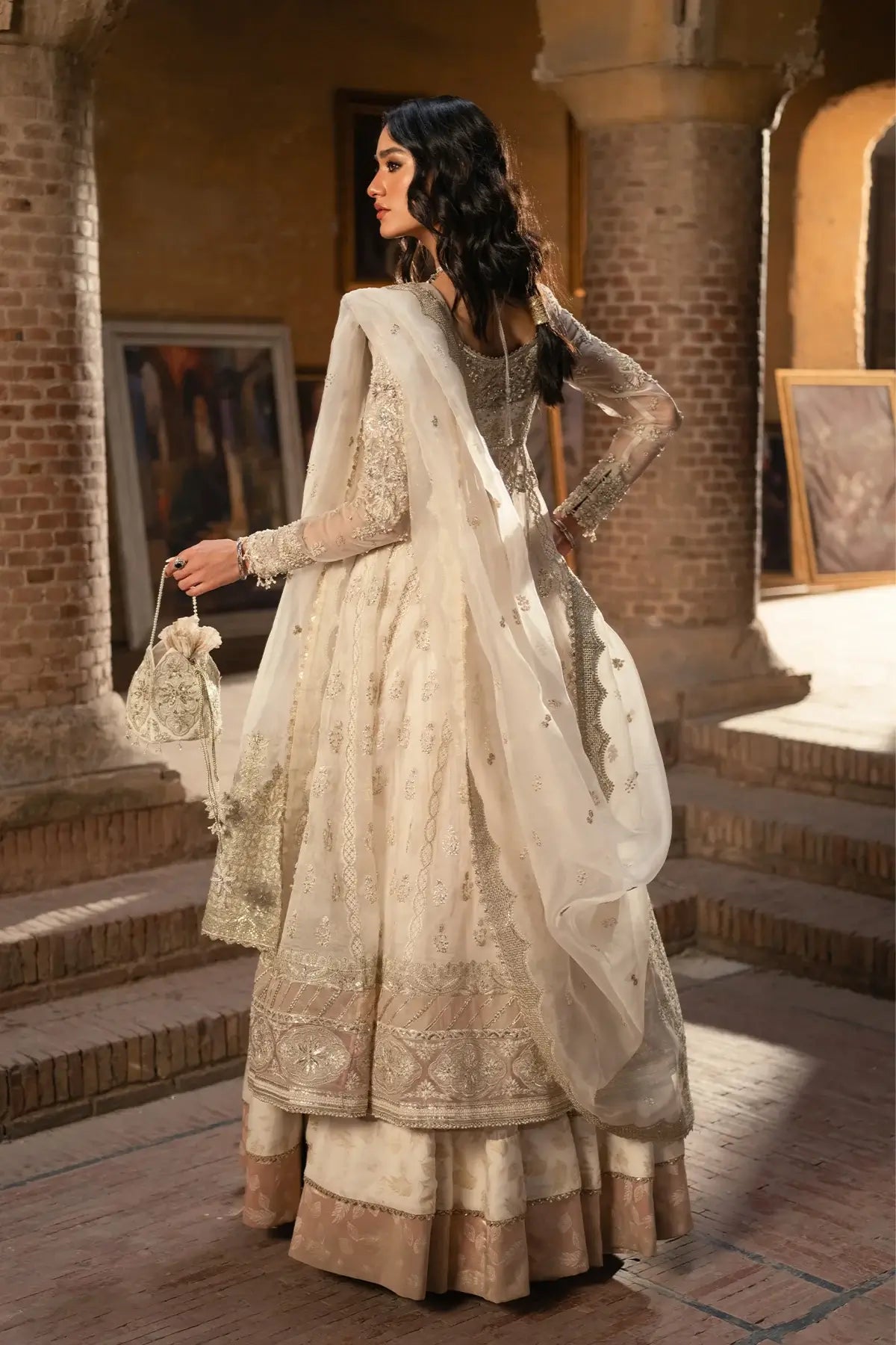 Irina Vasl 26 ivory embellished organza wedding stitched pishwas with handwork, foil chiffon lehenga and embroidered organza dupatta