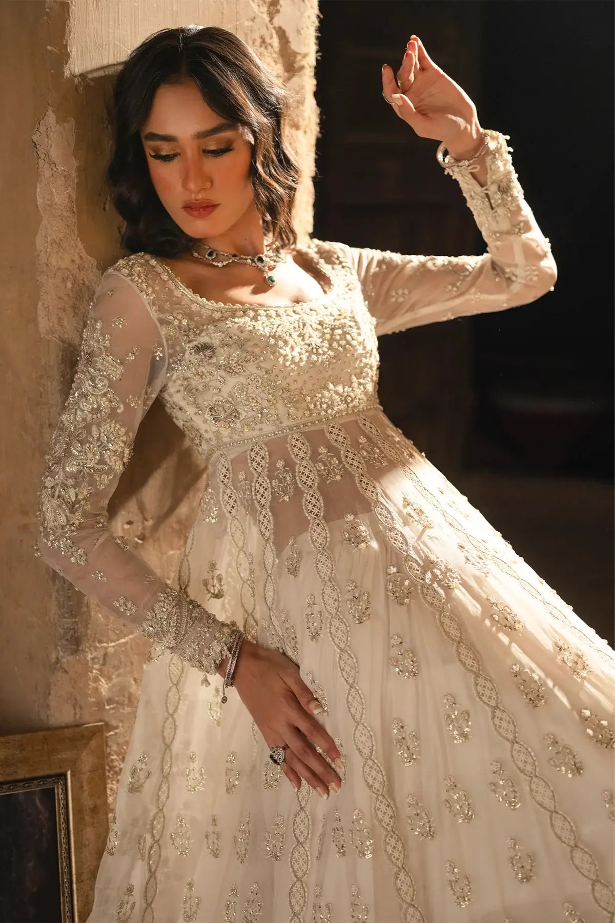 Irina Vasl 26 ivory embellished organza wedding stitched pishwas with handwork, foil chiffon lehenga and embroidered organza dupatta