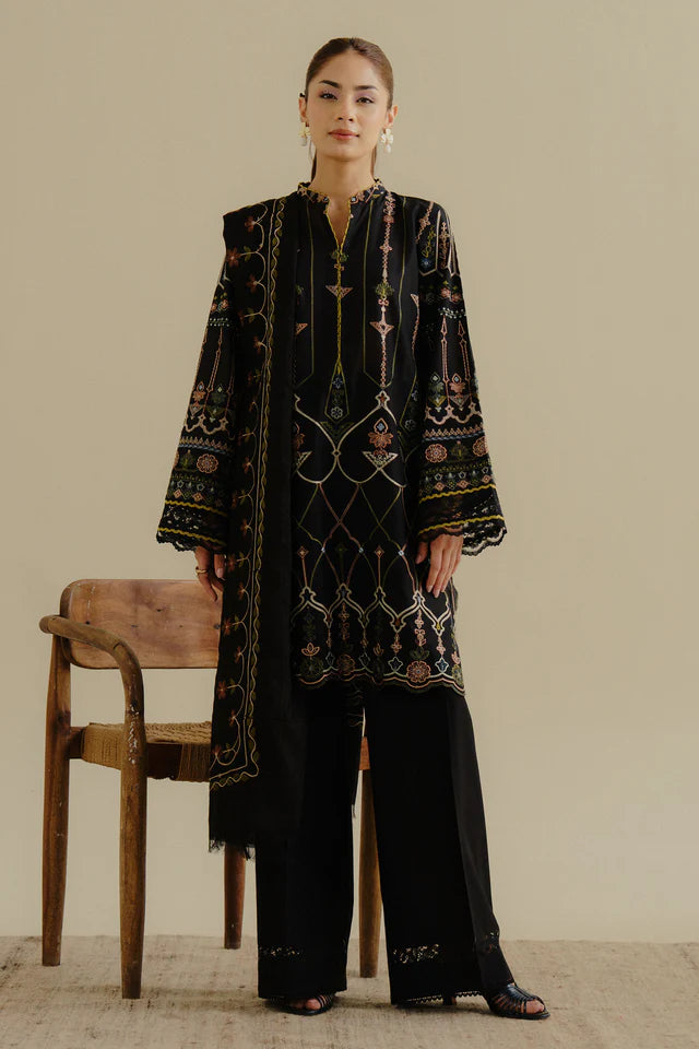 Iris-2A- Deep black embroidered lawn suit By- Zara Shahjahan