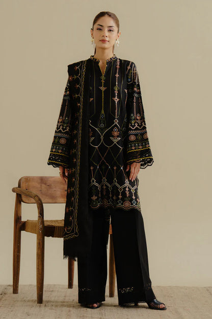 Iris-2A- Deep black embroidered lawn suit By- Zara Shahjahan