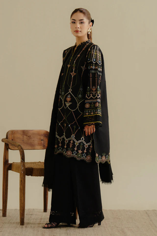Iris-2A- Deep black embroidered lawn suit By- Zara Shahjahan