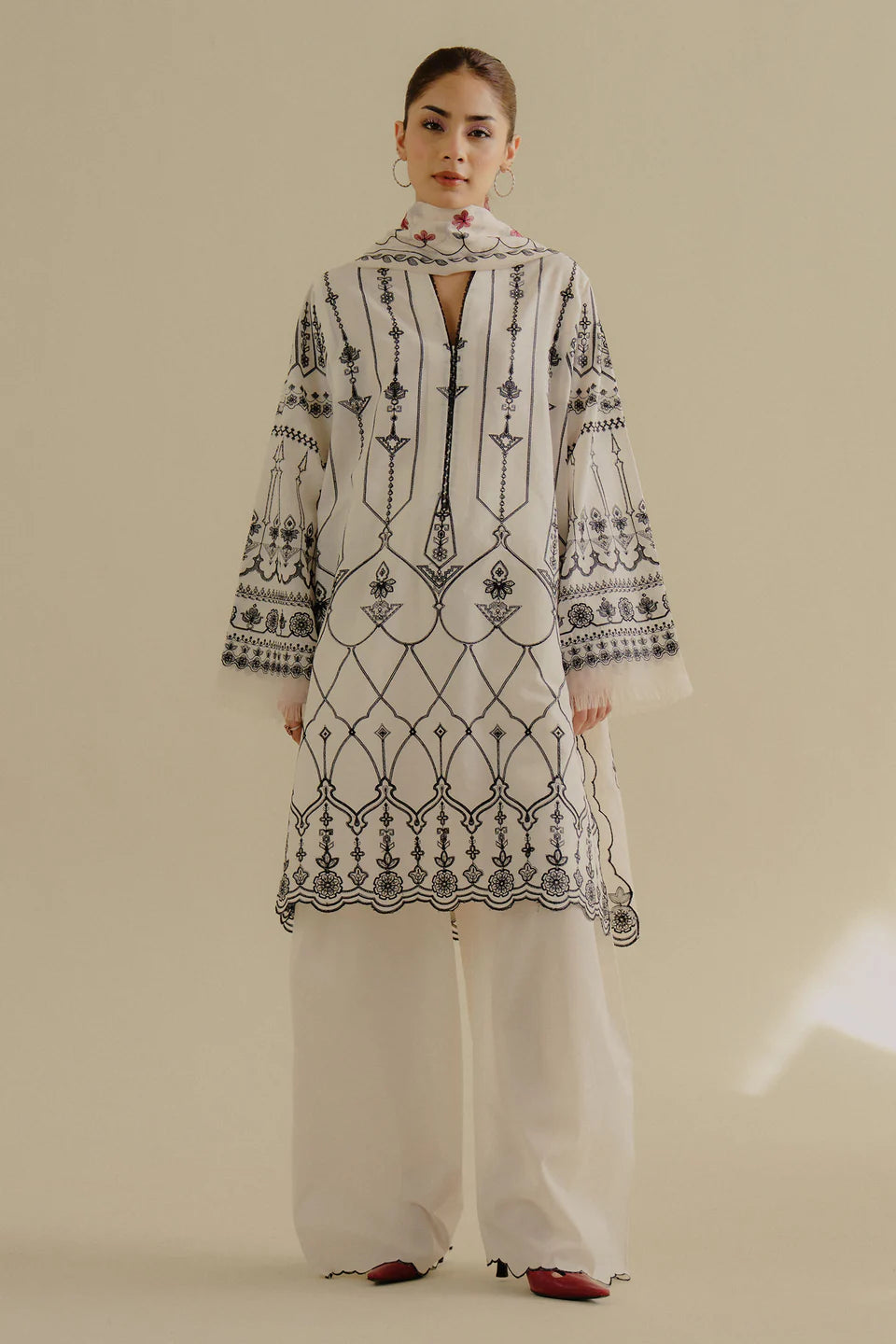 Iris-2B- White embroidered lawn 3 piece suit for Summer wear By- Zara Shahjahan