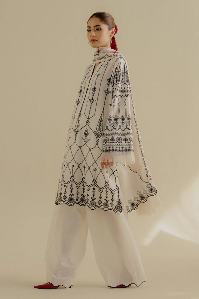 Iris-2B- White embroidered lawn 3 piece suit for Summer wear By- Zara Shahjahan