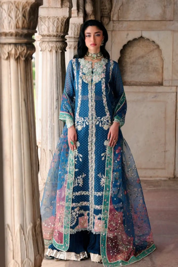 Saira Shakira Wedding Iris navy blue hand embellished organza wedding sharara suit with printed organza dupatta