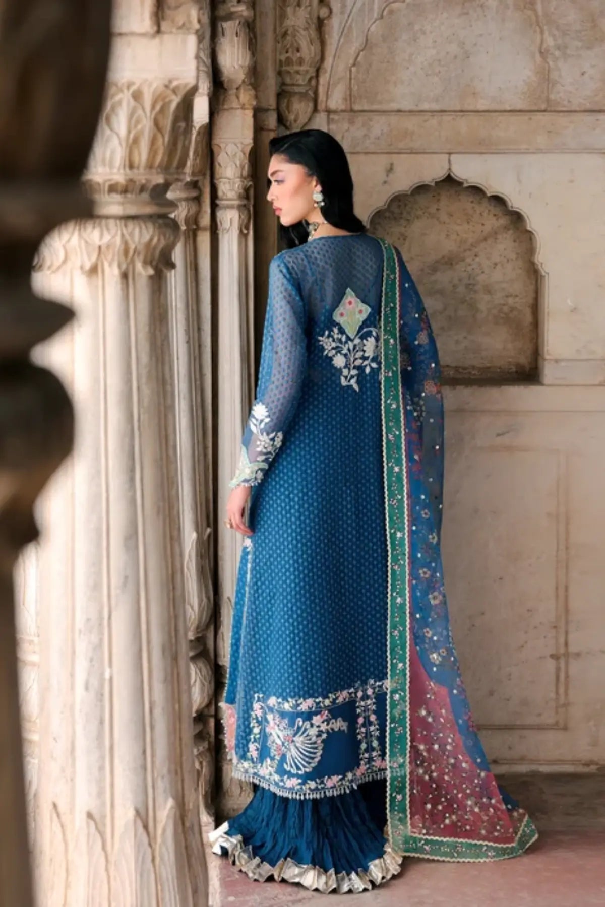 Saira Shakira Wedding Iris navy blue hand embellished organza wedding sharara suit with printed organza dupatta