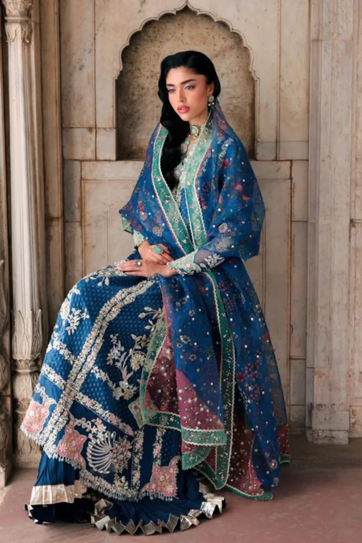 Saira Shakira Wedding Iris navy blue hand embellished organza wedding sharara suit with printed organza dupatta