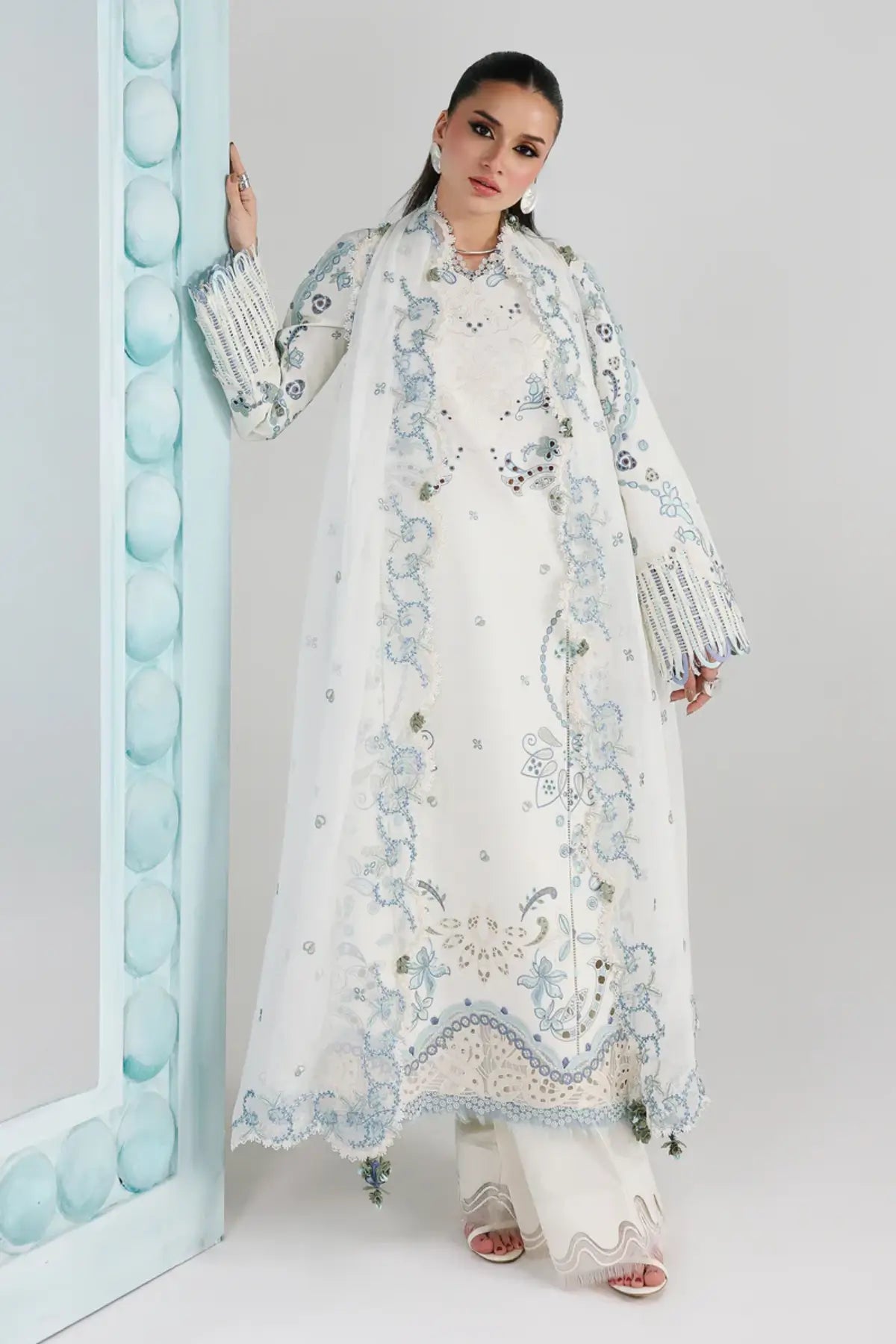 Irmin QFL-03 ivory embroidered stitched 3PC Eid suit with chiffon dupatta by Qalamkar Festive Lawn 2026