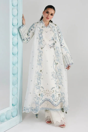 Irmin QFL-03 ivory embroidered stitched 3PC Eid suit with chiffon dupatta by Qalamkar Festive Lawn 2026