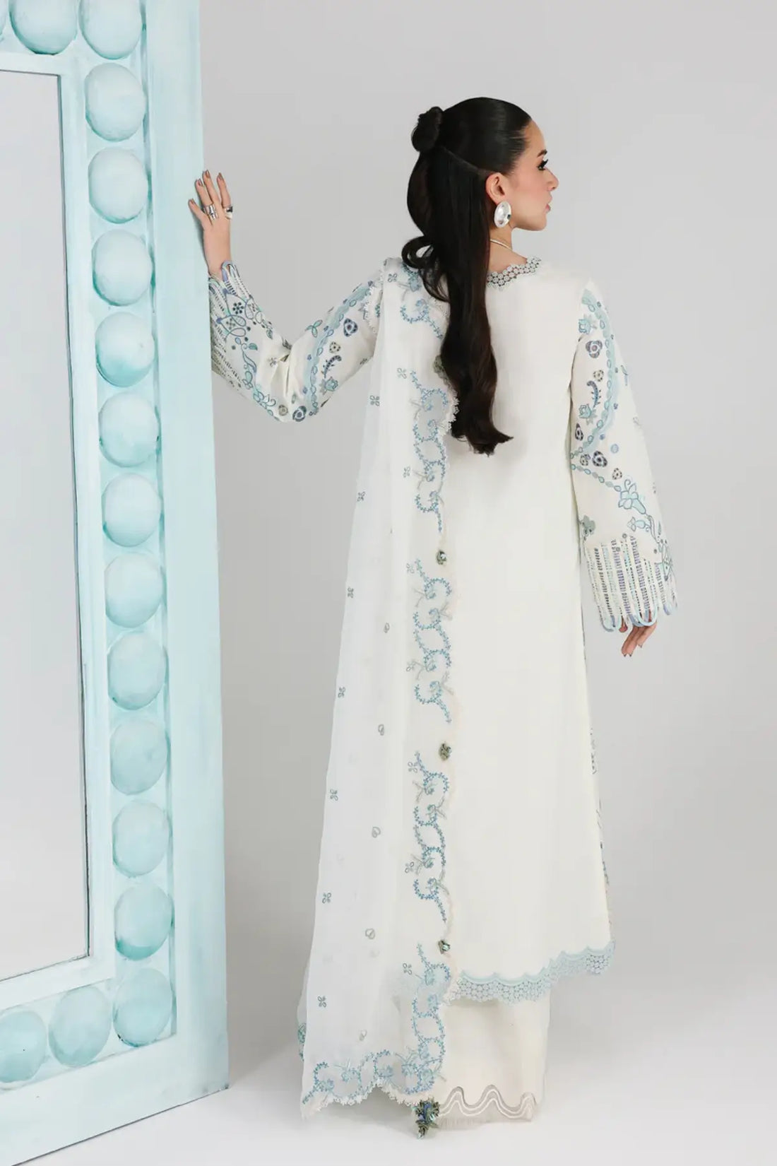 Irmin QFL-03 ivory embroidered stitched 3PC Eid suit with chiffon dupatta by Qalamkar Festive Lawn 2026