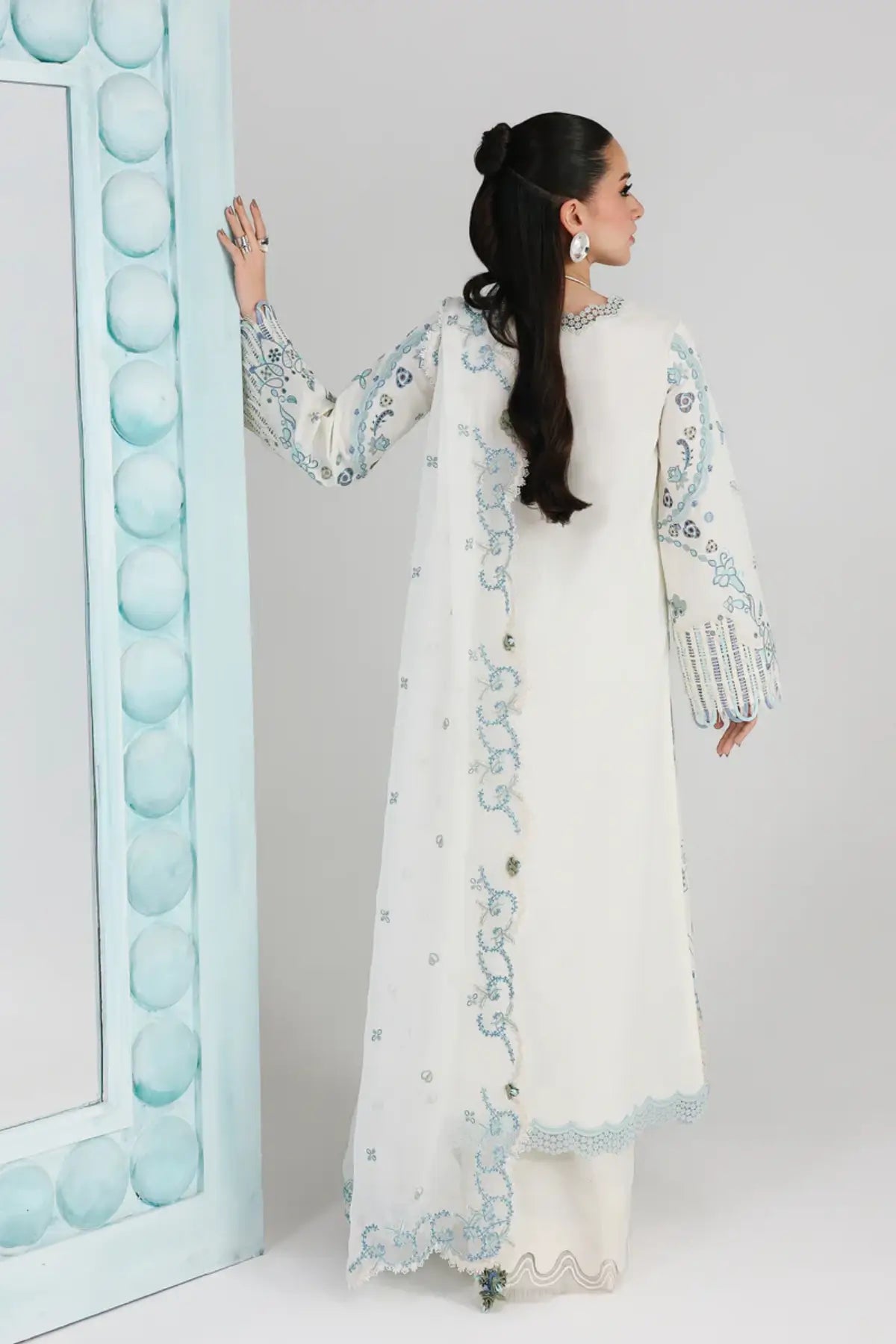 Irmin QFL-03 ivory embroidered stitched 3PC Eid suit with chiffon dupatta by Qalamkar Festive Lawn 2026