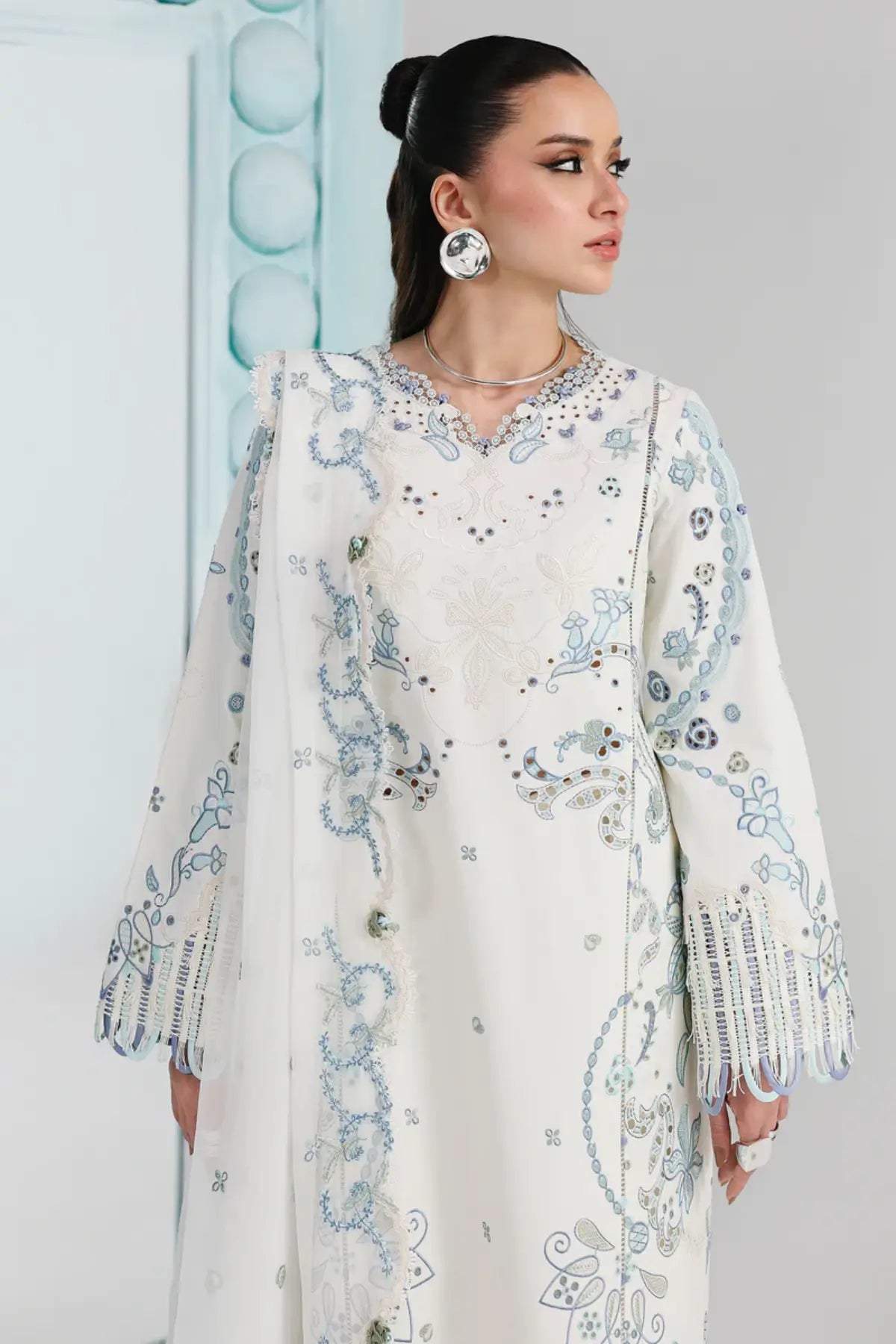 Irmin QFL-03 ivory embroidered stitched 3PC Eid suit with chiffon dupatta by Qalamkar Festive Lawn 2026