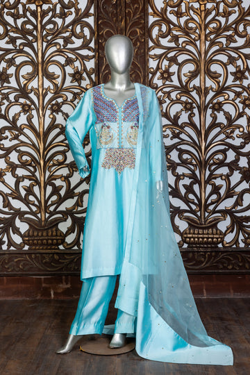Aqua blue Sheesha silk 3-piece suit with embroidered organza dupatta – festive Pakistani outfit by MariamRaj for Eid and weddings.